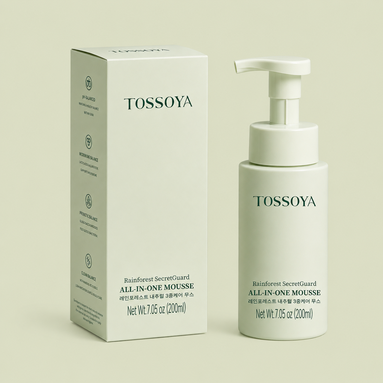 Tossoya All-in-One Mousse bottle and packaging on a beige background